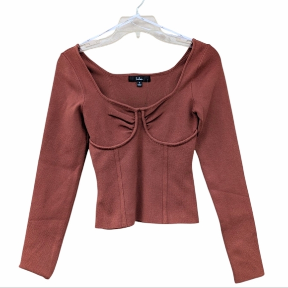 LULUS Aesthetic Essential Rust Brown Ribbed Seamed Long Sleeve Top NWT - Picture 2 of 6